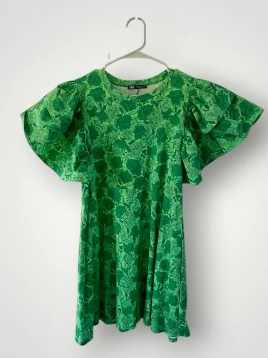 Zara Green Floral Mini Dress with double flutter sleeves, Size S - Picture 1 of 4